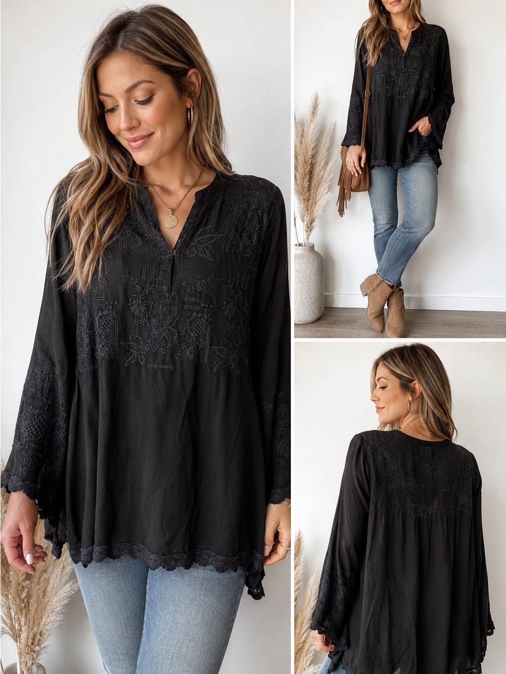 Johnny Was Black Embroidered V-Neck Tunic